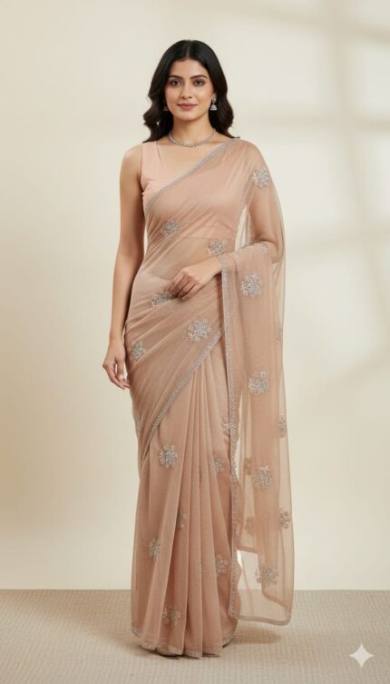 Elegant Attire Embroidered Peach Saree with Shimmer
