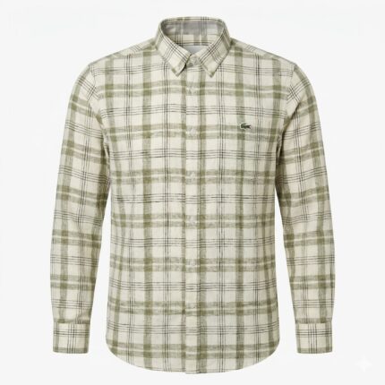 LACOSTE Men's Slim Fit Button-Down Linen Shirt Green Check
