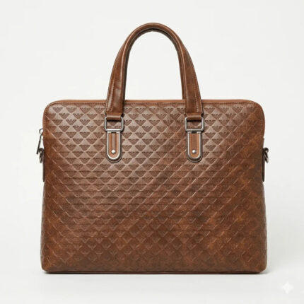 Giorgio Armani Leather Signature-Patterned Brown Laptop Bag