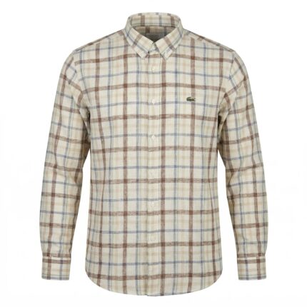 LACOSTE Men's Slim Fit Linen Blend Checkered Full Sleeve Button-Down Shirt