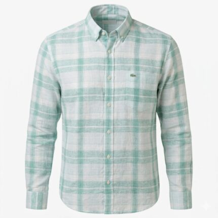LACOSTE Men's Slim Fit Plaid Check Button-Down Full Sleeve Linen Shirt in Light Blue