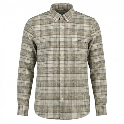 LACOSTE Men's Slim Fit Textured Gingham Check Button-Down Full Sleeve Linen Shirt